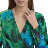 DKNY Womens Printed Sash Tie V Neck Tulip Hem Midi Dress Black / Green 6