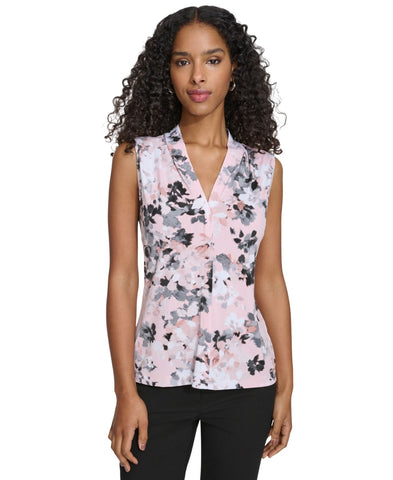 Calvin Klein Womens Printed V-Neck Sleeveless Blouse S41TM31P Pink Multi XL