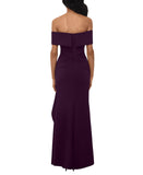 Xscape Womens Long Scuba Off-The-Shoulder Ruffled Dress Gown 3008X Plum Purple 8