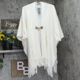 Style & Co. Womens Ribbed Toggle Topper with Fringe Fuzzy Knit Ivory Off White