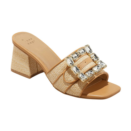 A New Day Kathleen Raffia Buckle Block Heels 92611276 Beige Brown 6.5M