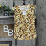 Kasper Printed Pleated Keyhole Knit Blouse Shirt Top Daffodil Yellow Multi PS