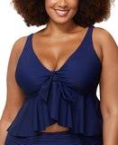 Raisins Ruffle-Trim Tankini Swim Top with Front Tie P840047 Navy Blue 16W