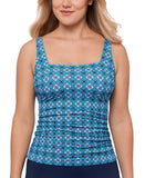Swim Solutions Printed Tummy-Control Tankini Swim Top Tile Together Blue 16