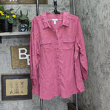 Denim & Co. Womens Plus Size  Roll Tab Sleeve Button Up Tunic Deep Berry Red 3X