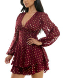 B. Darlin Double Tiered Chiffon Sheer Puff Sleeve Dress Wine Red / Gold 1/2