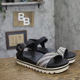 Bearpaw Platform Woven Raffia Buckle Open Toe Slingback Sandals Black / White 9M