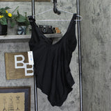 DKNY Womens Ruffle Plunge Underwire Tummy Control One-Piece Swimsuit Black XL