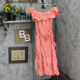 Democracy Flounce Tiered Belted Off the Shoulder Dress Tropical Coral Pink L