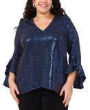 MSK Plus Size V Neck Bell Sleeve Sequin Knit Blouse Top Shirt NAVY BLUE 1X