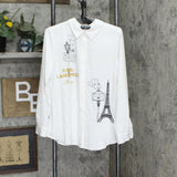 Karl Lagerfeld Womens Eiffel Tower Roll-Tab Button Up Shirt Soft White M