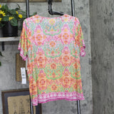 Ruby Rd Damask Print Knit Scoop Neck Short Sleeve Tee Fuschia Pink Multi 1X