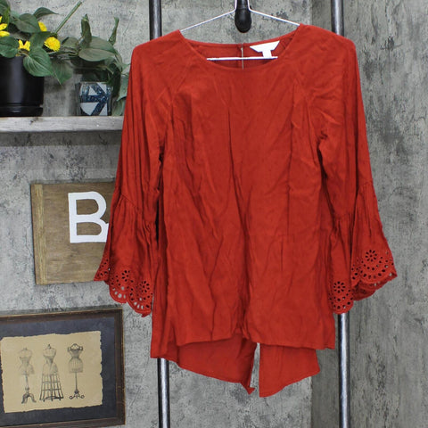 Unranded Womens 3/4 Sleeve Bell Pin Tuck Shirt Top Red Orange See Measurements
