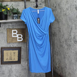 24Seven Comfort Apparel Womens Knit Faux Wrap Dress Blue M