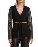 H Halston Womens Collarless Faux-Leather-Sleeve Belted Blazer Jacket HHWF2270001