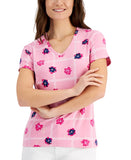 Karen Scott Garden Trellis V-Neck Short Sleeve Knit Top Rose Glow Pink Multi XL