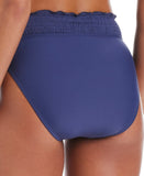 Bar III Wave Solids Smocked V-Waist High-Leg Bikini Bottom Near Nautical Blue S