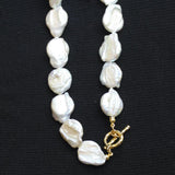 Flat Keshi Coin Pearl Toggle Clasp Choker Necklace Off White / Gold 16"