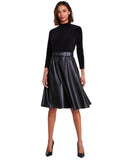 Calvin Klein Women's Matte Jersey Combo Pu Leather Belted Aline Dress Black 2