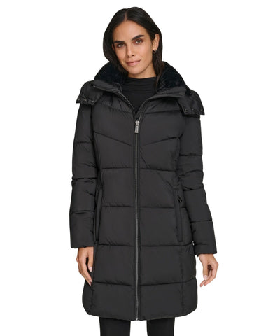 Calvin Klein Womens Faux-Fur-Lined Midi Puffer Coat Black S