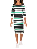 Lauren Ralph Lauren 3/4 Sleeve Striped Ribbed Sweater Dress Black Multi XS