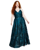 BCX Trendy Plus Size Strappy Embroidered Sleeveless Gown Emerald Green 16W