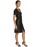 Donna Karan Petite Square-Neck Sequinned Button Down Belted Dress Black 8P