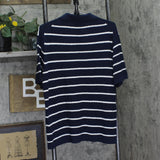 Simkhai Mens Calum Silk Blend Textured Polo Shirt Midnight Stripe Blue L