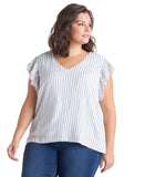 Black Tape Womens Trendy Plus Size Striped Flutter-Sleeve Top 1X Blue Stripe