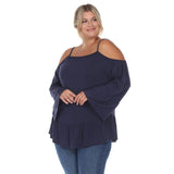 White Mark Womens Plus Size Cold Shoulder Ruffle Sleeve Top PS1352 Navy Blue 1X