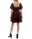 Crystal Doll Sweetheart-Neck Puffed Sleeve Fit Flare Dress Merlot Red 2XS