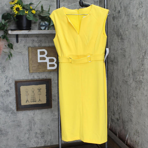 London Times Women's Extended Shoulder Buckle Waist Sheath Midi Dress Lemon 4