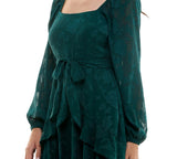 Trixxi Tie Waist Ruffled Jacquard Fit Flare Sheer Sleeved Dress Hunter Green L