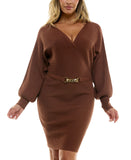 Rosie Harlow Juniors Surplice-Neck Dolman-Sleeve Knit Dress Cappuccino Brown XS