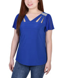 Ny Collection Petite Womens Knit Short Flutter Sleeve Top Surf The Web Blue PM