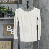 Guess Womens Cable Knit Off the Shoulder Scoop Neck Sweater Cream Off White S