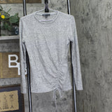 INC International Concepts Long Sleeved Lurex Knit Ruched Front Tie Top Gray S