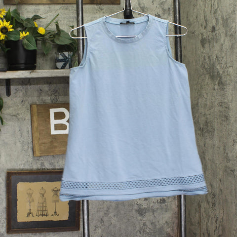 DG2 by Diane Gilman Knit Crochet Trim Sleeveless Shirt Top Blue S