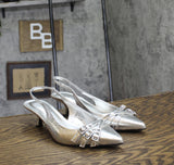 INC International Concepts Slingback Pumps Kitten Heel Silver Crinkle Gray 8M