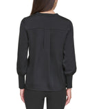 DKNY Womens Petite Ribbed-Trim Matte Satin Shirt Top XH3TT124