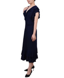 Ny Collection Womens Petite Flutter Sleeve Ruffle Midi Dress Navy Blue PM