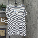 Freshman Juniors Knit Striped Lace-Up T Shirt Top Black / White XL