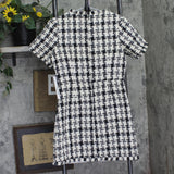 Aqua Sleeve Tweed Pocket Frayed Hem Embellished Shift Dress Black / White 2XS