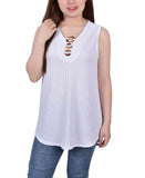 Ny Collection Petite Size Sleeveless Ribbed Top with Triple Rings White PXL