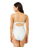 California Waves Womens Ditsy Wide Rib Tunneled One-Piece Swimsuit Blue Combo M