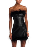 Aqua Feather Trim Bandeau Faux Leather Top IBO26647 Black XS