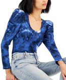INC International Concepts Womens Cotton Puff Sleeve Top Dahana Dye Blue M