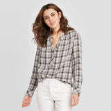 Universal Thread Plaid Flutter Long Sleeve Round Neck Button-Front Tunic
