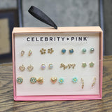 Celebrity Pink Flower Heart Rhinestone Gem Stud Earrings 12 Pack Gold Multi