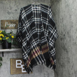 Marcus Adler Womens Open-Front Plaid Fringe-Trim Winter Fuzzy Kimono Black Multi